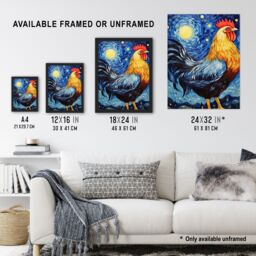 Artery8 Waiting For The Dawn Rooster Cockerel In Van Gogh Starry Night Style Art Print Framed Poster Wall Decor in Black - Size: A4 - thumbnail 3