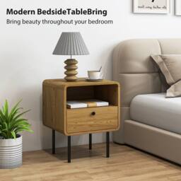 HOMCOM Bedside Table with Drawer & Shelf, Modern Bedside Cabinet, Oak in Natural - thumbnail 4