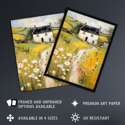 "Artery8 Welsh Countryside Cottage Rolling Hills & Wildflowers Bright Oil Painting Extra Large XL Unframed Wall Art Poster Print - Size: W24"" x H32""" - thumbnail 2