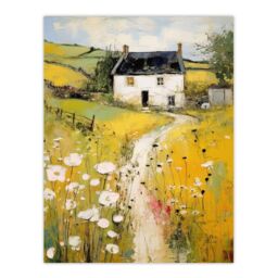"Artery8 Welsh Countryside Cottage Rolling Hills & Wildflowers Bright Oil Painting Extra Large XL Unframed Wall Art Poster Print - Size: W24"" x H32""" - thumbnail 1