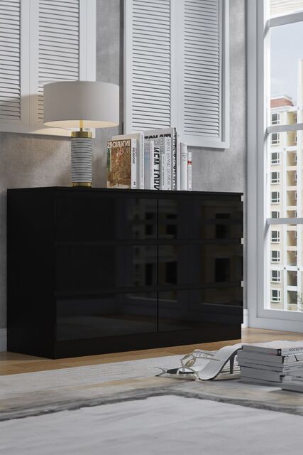 FWStyle 6 Drawer High Gloss Black Chest Of Drawers - Stora - image 1