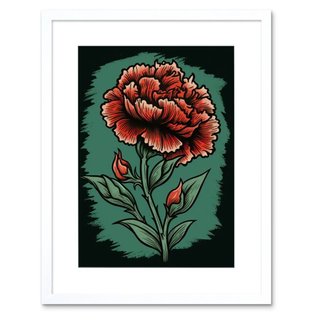 "Artery8 Wall Art Print Carnation Flower Old School Tattoo Ink Body Art Rockabilly Americana 50s Artwork Framed 9X7 Inch in White - Size: W7"" x H9""" - image 1