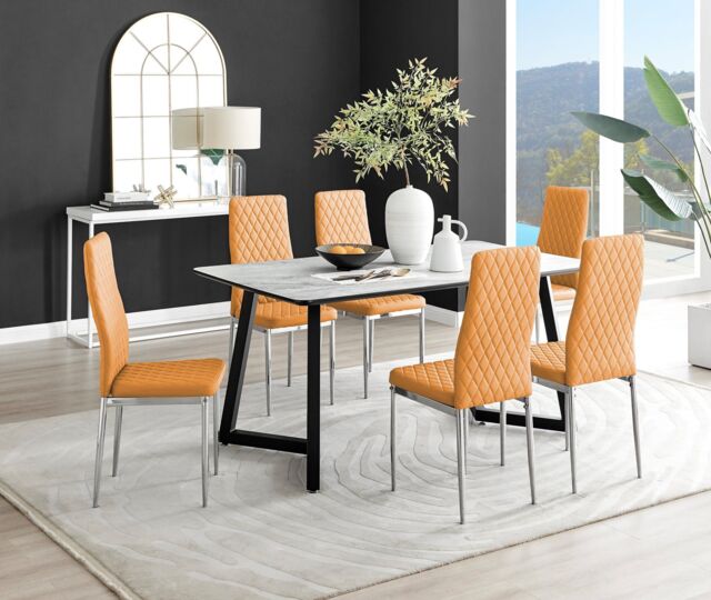 FurnitureboxUK Carson White Marble Effect Dining Table & 6 Milan Chrome Leg Chairs in Mustard - image 1