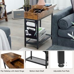 Costway Narrow Side Table Flip Top End Table Nightstand w/ Charging Station Side Pocket in Brown - thumbnail 5