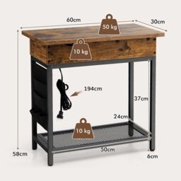 Costway Narrow Side Table Flip Top End Table Nightstand w/ Charging Station Side Pocket in Brown - thumbnail 2