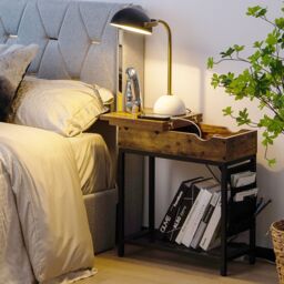 Costway Narrow Side Table Flip Top End Table Nightstand w/ Charging Station Side Pocket in Brown - thumbnail 3