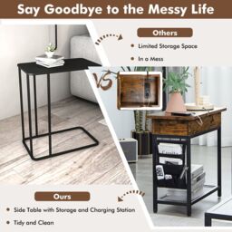 Costway Narrow Side Table Flip Top End Table Nightstand w/ Charging Station Side Pocket in Brown - thumbnail 6