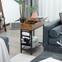 Costway Narrow Side Table Flip Top End Table Nightstand w/ Charging Station Side Pocket in Brown - thumbnail 4