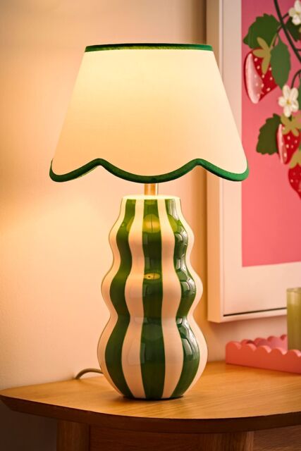ValueLights Everie Green Stripe Table Lamp with Scalloped Lamp Shade & Bulb in Bright Green - image 1