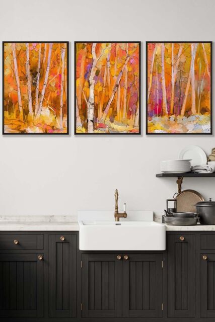 ARTZE Set of 3 Black Framed Abstract Autumn Trees in Orange Wall Art - Size: W53 cm x H73 cm x D20mm - image 1