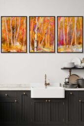 ARTZE Set of 3 Black Framed Abstract Autumn Trees in Orange Wall Art - Size: W53 cm x H73 cm x D20mm