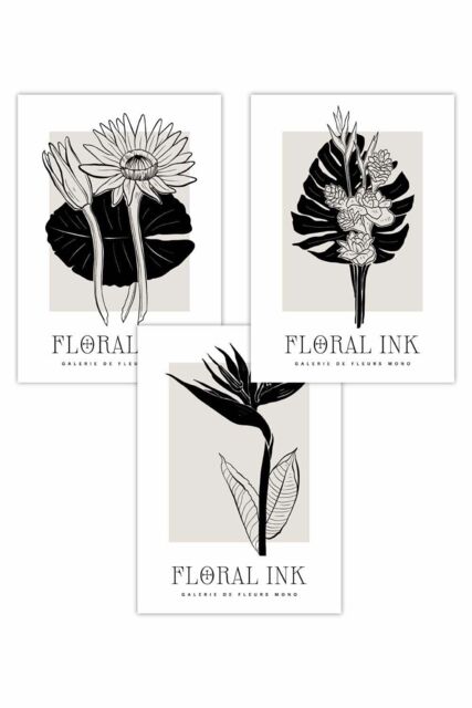 ARTZE Set of 3 Floral Sketch Ink Tropical Leaves in Black Art Posters - Size: W30 cm x H42 cm - image 1
