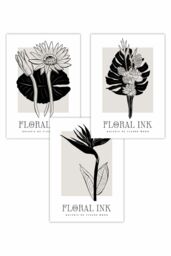 ARTZE Set of 3 Floral Sketch Ink Tropical Leaves in Black Art Posters - Size: W30 cm x H42 cm - thumbnail 1