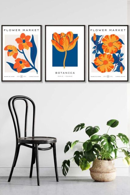 ARTZE Set of 3 Black Framed Blue & Orange Flower Market Wall Art - Size: W33 cm x H45 cm x D20mm - image 1