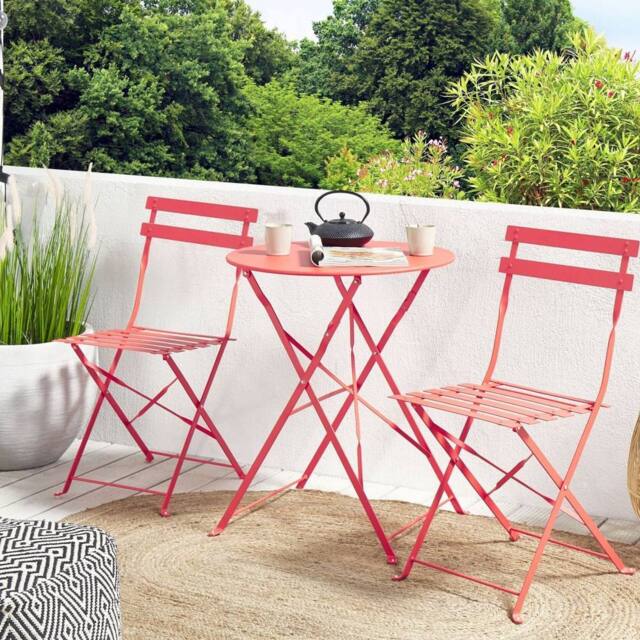 Wyld and Coco Prestige 3 Piece Red Metal Folding Bistro Set Slatted Outdoor - image 1