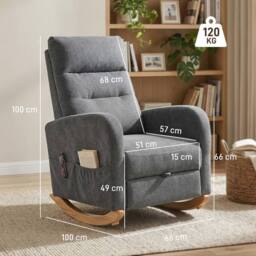 HOMCOM Upholstered Rocking Chair with Retractable Footrest Grey - thumbnail 3