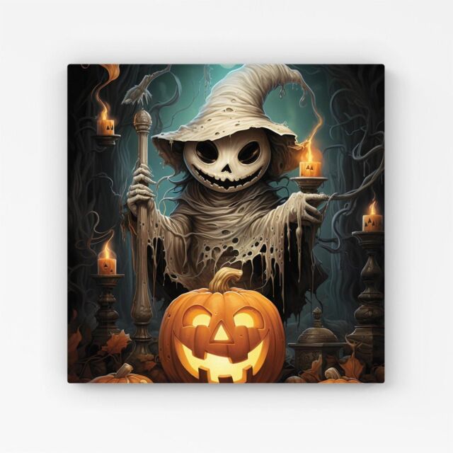 Warren Reed - Designer Creepy Ghost With Pumpkins Canvas in Orange - Size: w40 inch x h40 inch - image 1