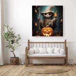 Warren Reed - Designer Creepy Ghost With Pumpkins Canvas in Orange - Size: w40 inch x h40 inch - thumbnail 3