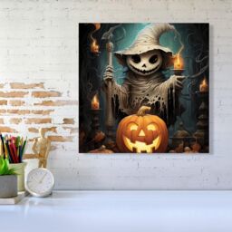 Warren Reed - Designer Creepy Ghost With Pumpkins Canvas in Orange - Size: w40 inch x h40 inch - thumbnail 2