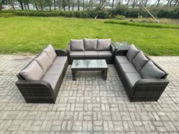 Fimous Outdoor Lounge Sofa Set Rattan Garden Furniture Set with Rectangular Coffee Table Side Table 3 Seater Sofa Dark Grey Mixed - thumbnail 1