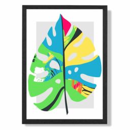ARTZE Monstera Leaf Blue & Green Abstract Minimalist Framed Print SIZE: A2 with Black Frame in Mid Blue - Size: A4 - thumbnail 1