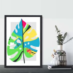 ARTZE Monstera Leaf Blue & Green Abstract Minimalist Framed Print SIZE: A2 with Black Frame in Mid Blue - Size: A4 - thumbnail 2