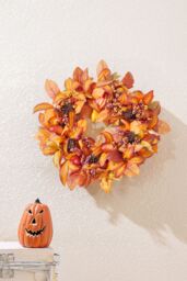 Living and Home 50cm Artificial Fall Wreath for Front Door Magnolia Leaf Wreath with Curved Pumpkin, Pine Cone, Acorn, Berry for Halloween Home Decor - thumbnail 2