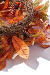 Living and Home 50cm Artificial Fall Wreath for Front Door Magnolia Leaf Wreath with Curved Pumpkin, Pine Cone, Acorn, Berry for Halloween Home Decor - thumbnail 5