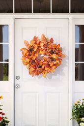 Living and Home 50cm Artificial Fall Wreath for Front Door Magnolia Leaf Wreath with Curved Pumpkin, Pine Cone, Acorn, Berry for Halloween Home Decor