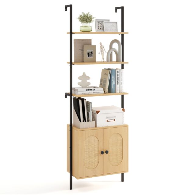Costway Wall Mount Bookshelf Storage Shelves 6-tier tall display rack w/ Cabinet in Natural - image 1
