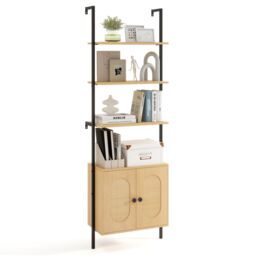 Costway Wall Mount Bookshelf Storage Shelves 6-tier tall display rack w/ Cabinet in Natural - thumbnail 1