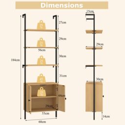 Costway Wall Mount Bookshelf Storage Shelves 6-tier tall display rack w/ Cabinet in Natural - thumbnail 2