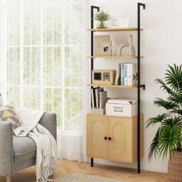 Costway Wall Mount Bookshelf Storage Shelves 6-tier tall display rack w/ Cabinet in Natural - thumbnail 3