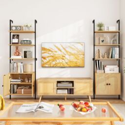 Costway Wall Mount Bookshelf Storage Shelves 6-tier tall display rack w/ Cabinet in Natural - thumbnail 4