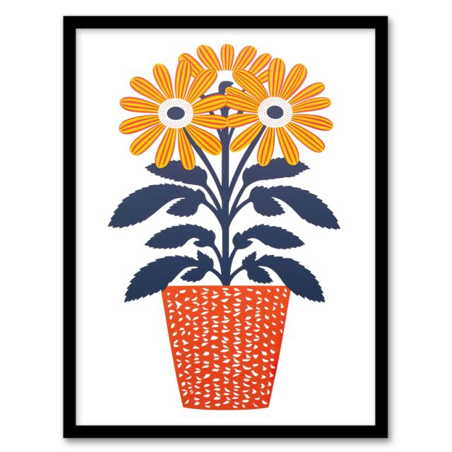 Artery8 Wall Art Print Modern Coral & Blue Pot Plant Artwork By Sofia Francis Simple Elegant Art Framed in Black - Size: A4 - image 1