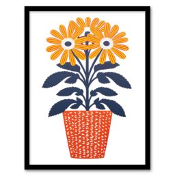 Artery8 Wall Art Print Modern Coral & Blue Pot Plant Artwork By Sofia Francis Simple Elegant Art Framed in Black - Size: A4 - thumbnail 1