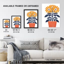 Artery8 Wall Art Print Modern Coral & Blue Pot Plant Artwork By Sofia Francis Simple Elegant Art Framed in Black - Size: A4 - thumbnail 3