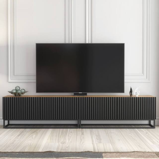 Creative Furniture Ripple Duo TV Unit 200cm - Oak & Black Fluted Doors in Brown - image 1