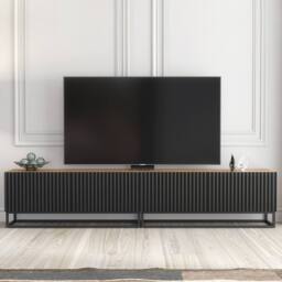 Creative Furniture Ripple Duo TV Unit 200cm - Oak & Black Fluted Doors in Brown - thumbnail 1