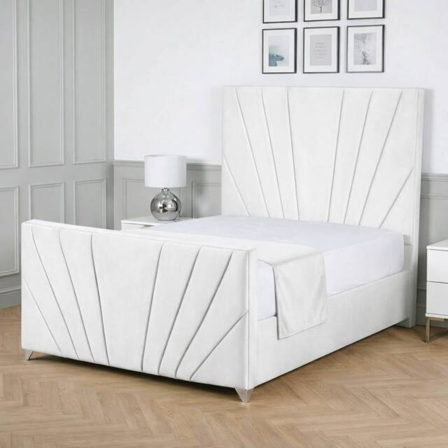 Living Comfort Bedz Lumina Plush Velvet Upholstered Bed Slatted Base with 48Inch Headboard in White - Size: Double - image 1