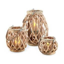 LIVIVO Willow Lanterns Set of 3 Grey Wicker Candle Holders with Rope in Natural
