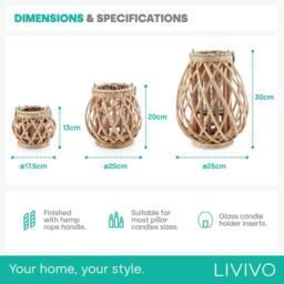 LIVIVO Willow Lanterns Set of 3 Grey Wicker Candle Holders with Rope in Natural - thumbnail 6