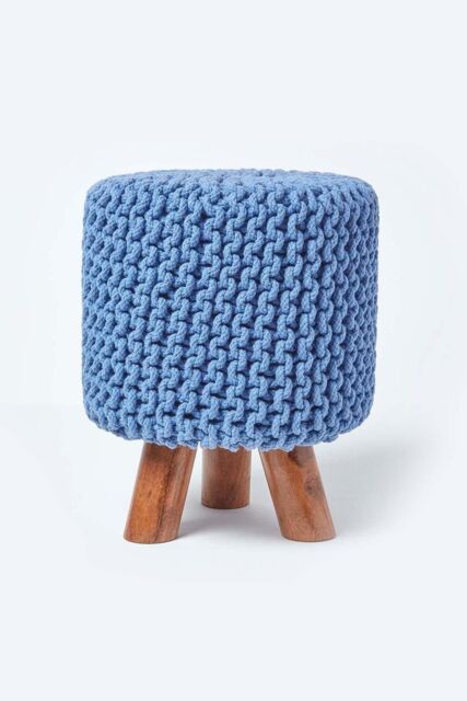 Homescapes Tall Cotton Knitted Footstool on Legs in Blue - image 1