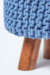 Homescapes Tall Cotton Knitted Footstool on Legs in Blue - thumbnail 4