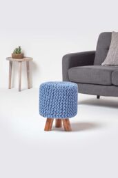 Homescapes Tall Cotton Knitted Footstool on Legs in Blue - thumbnail 2