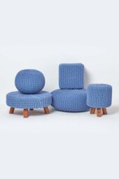 Homescapes Tall Cotton Knitted Footstool on Legs in Blue - thumbnail 5