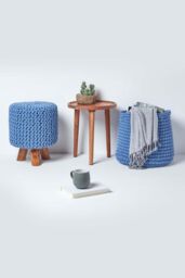Homescapes Tall Cotton Knitted Footstool on Legs in Blue - thumbnail 6