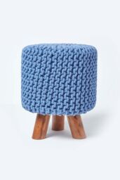 Homescapes Tall Cotton Knitted Footstool on Legs in Blue - thumbnail 1
