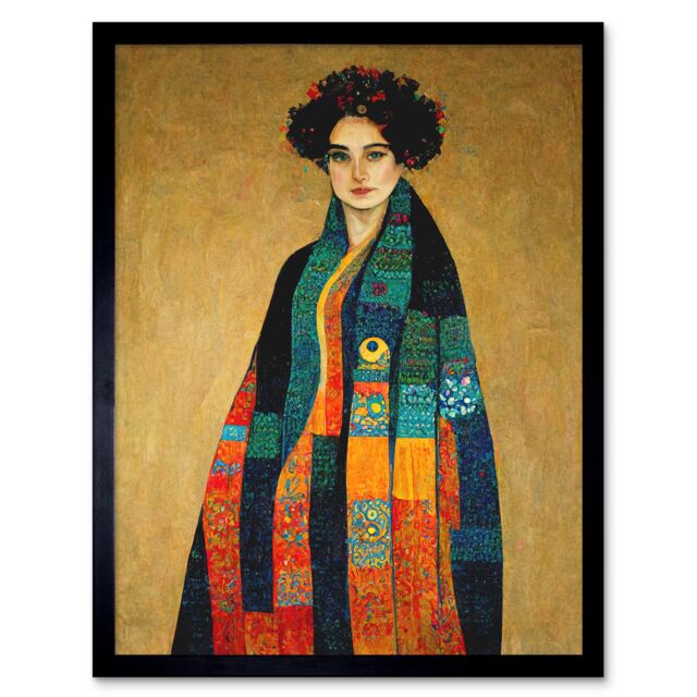 "Artery8 Wall Art Print Gustav Klimt Inspired Female Portrait Woman Art Framed in Black - Size: W12"" x H16""" - image 1