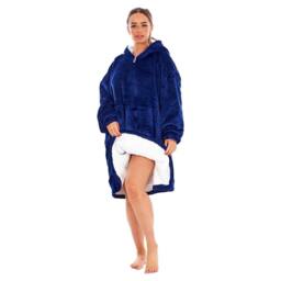 Keanu Plain Fleece Sherpa Lined Oversized Blanket Hoodie in Navy - thumbnail 4